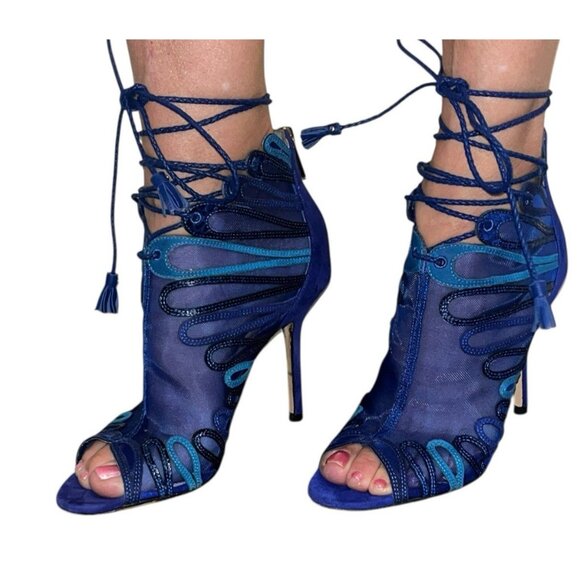 JIMMY CHOO Women's Blue Kafira Mesh Suede Lace Up Peep-Toe Stiletto Heels Sexy - Picture 4 of 11